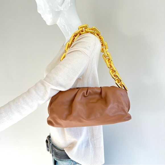 BOTTEGA VENETA The Chain Pouch Chunky Gold w Brown Leather Handbag Shoulder Bag - Picture 4 of 16